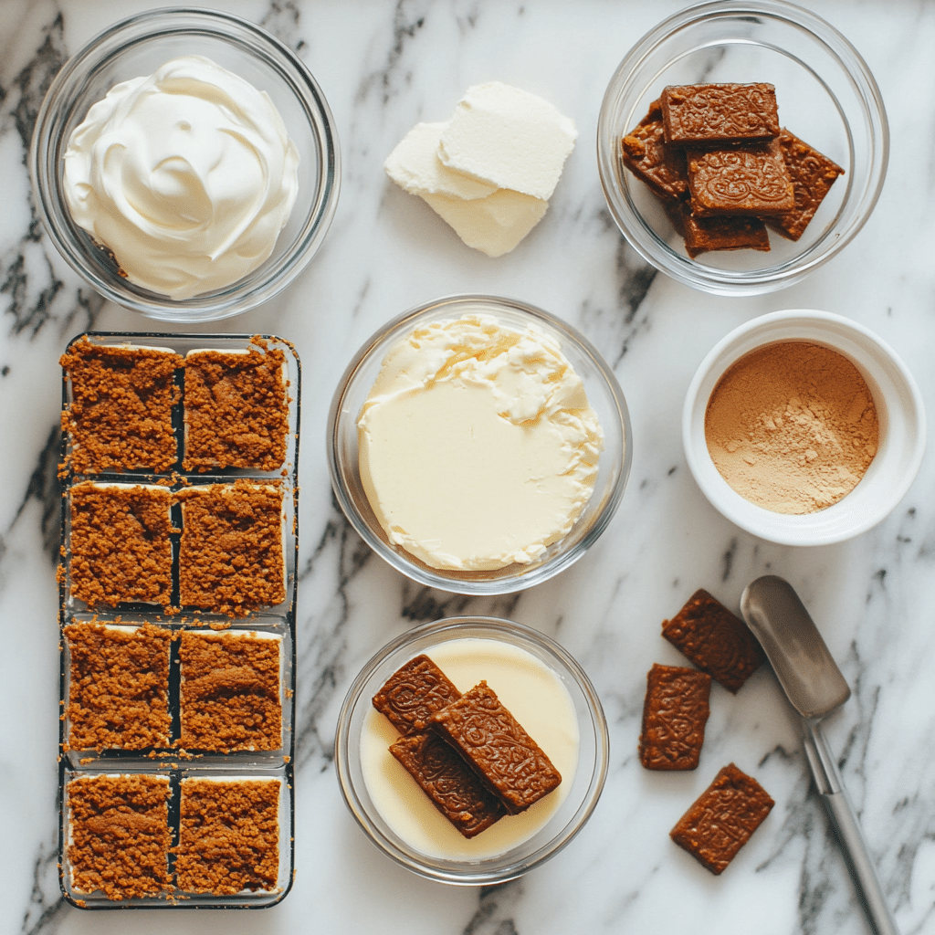 No Bake Biscoff Cheesecake Bars: Creamy, Easy, and Irresistible 8 ingredients for no bake biscoff cheesecake bars laid out